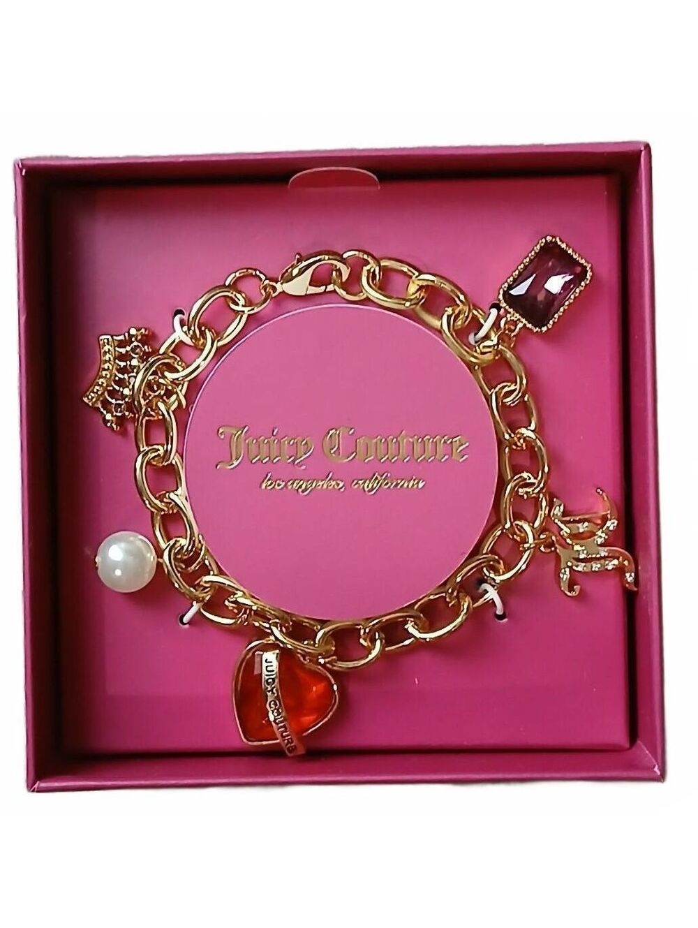 Juicy Couture Charm Bracelet Gold Tone Pink Heart Pearl Rhinestone NIB